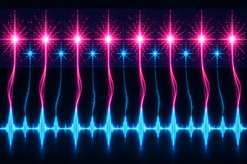 図: 音の波形のキックとスネアが、LED の上で光のはじける瞬間に変わる