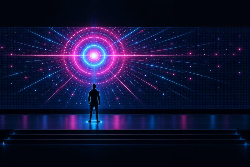 図: 横長の LED の前に立つ演者。演者の真上に光の中心がくるように、映像の構図を合わせている