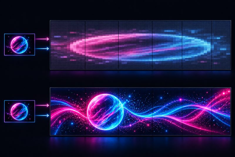 図: 16:9 の映像を横長の LED に引き伸ばすと丸がつぶれてぼやける(上)。横長に合わせて作り直すと、くっきり収まる(下)