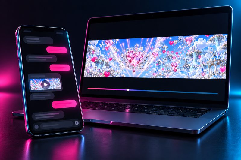 Illustration: a smartphone chat delivering a draft video, next to a laptop previewing the ultra-wide visual.