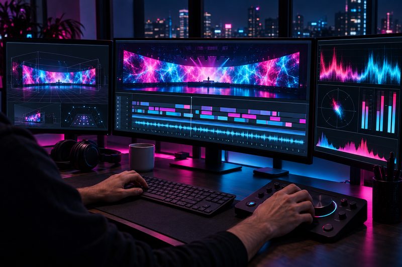 Illustration (not a photo of the creator): a visual creator's desk at night, monitors showing an ultra-wide LED timeline, audio waveforms and a stage preview.