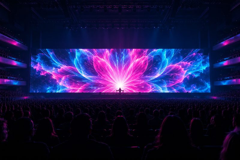Illustration: a concert hall whose stage-wide ultra-wide LED wall blooms with giant petals of magenta and cyan light above a lone performer.