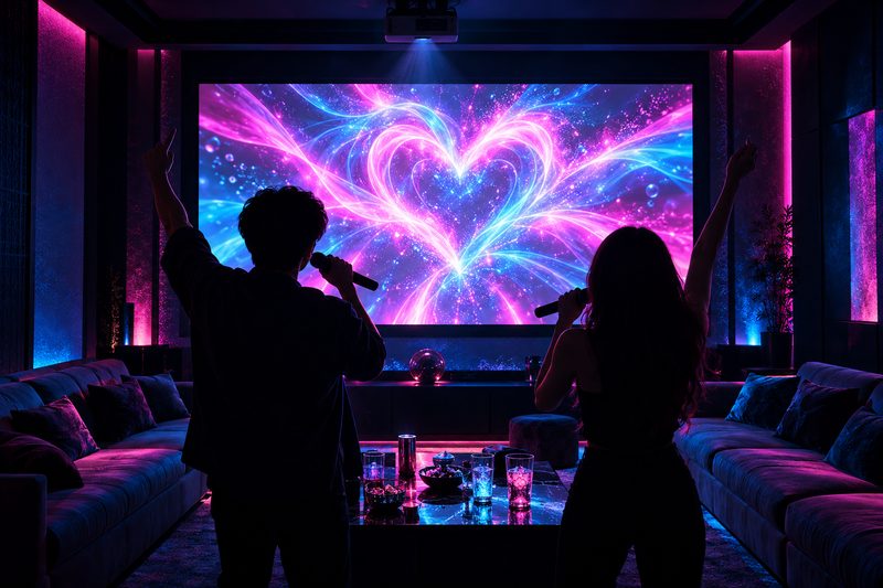 Illustration: a karaoke party room where a projector screen shows a glowing heart of light while two friends sing with raised arms.