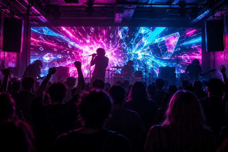 Illustration: a small live house where a wide LED wall behind the band bursts with crystal shards of light while the crowd raises their hands.