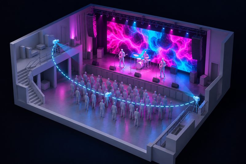 Illustration: a 3D replica of a venue as a white model, the LED wall glowing and a camera path drawn through the room.